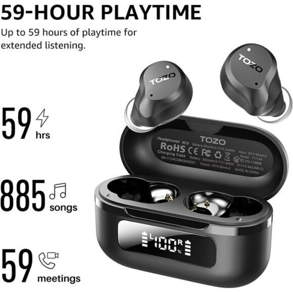 TOZO Noise Cancelling Wireless Earbuds Bluetooth 5.3 Stereo Bass Waterproof - Picture 3 of 7